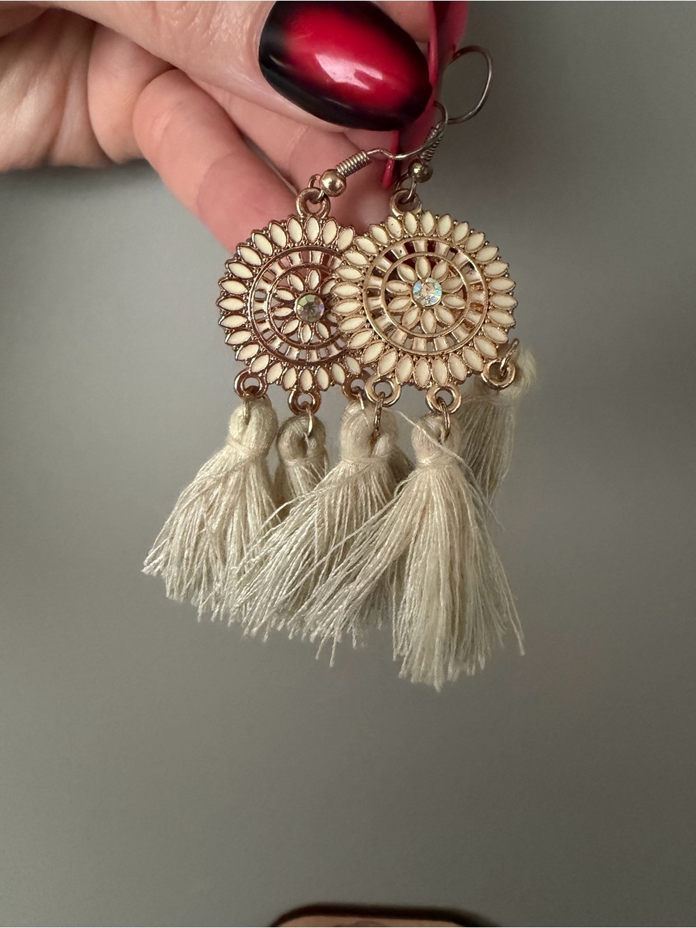 Boho Gold-Tone Floral Disc Earrings with Cream Tassels - Picture 3 of 3